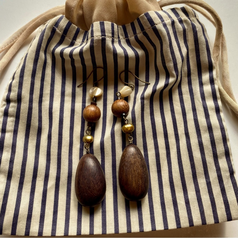Wood Dangle Earrings: Wood, Gold and Pearl beads